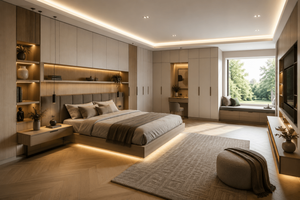 Modern Bedroom installation with fitted wardrobes and smart space saving storage design.