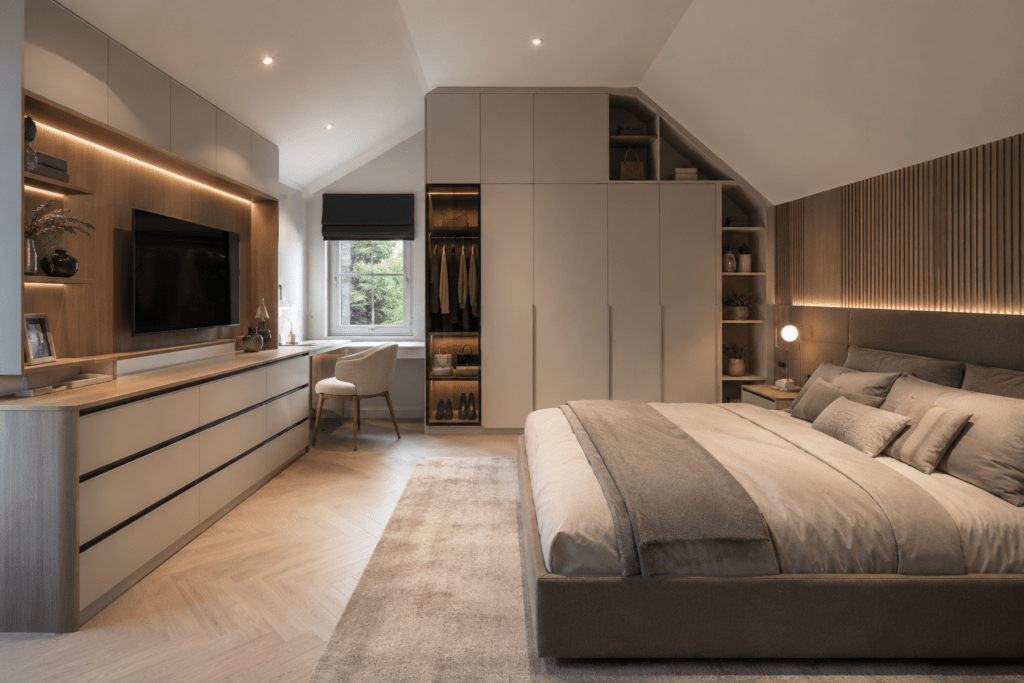 Modern bespoke bedroom design with stylish fitted storage solutions and smart space utilisation.