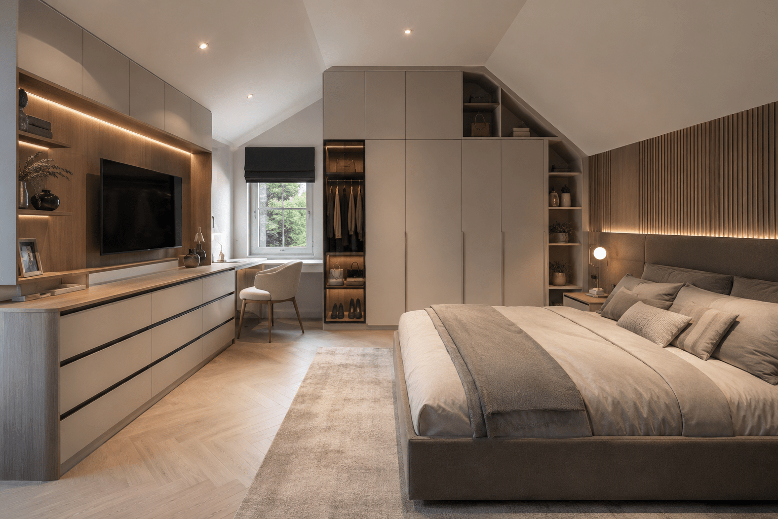 Modern bespoke bedroom design with stylish fitted storage solutions and smart space utilisation.
