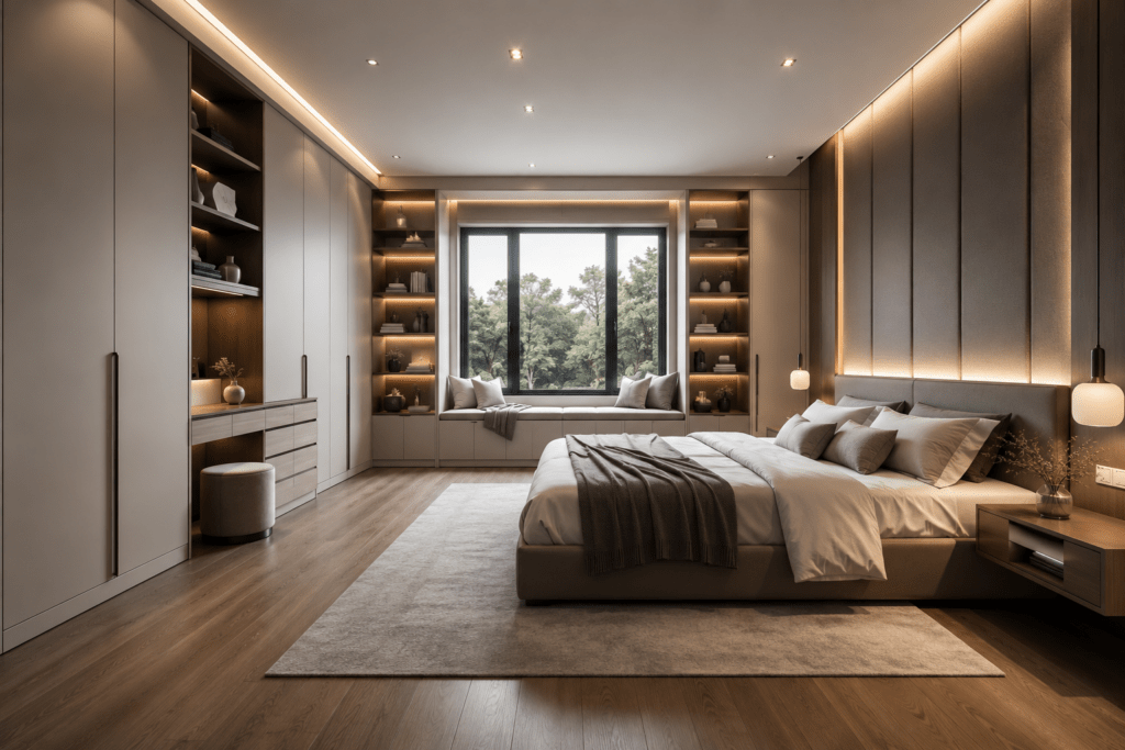 Modern bedroom featuring bespoke bedroom storage solutions for organised living