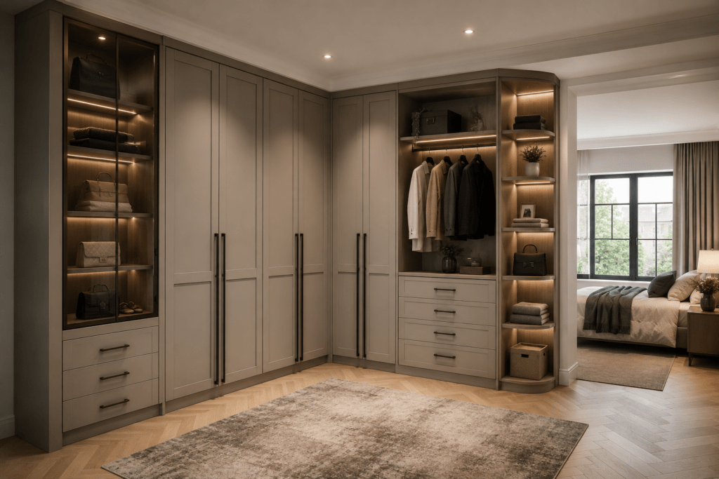 Modern bespoke fitted wardrobes designed to maximise bedroom storage space