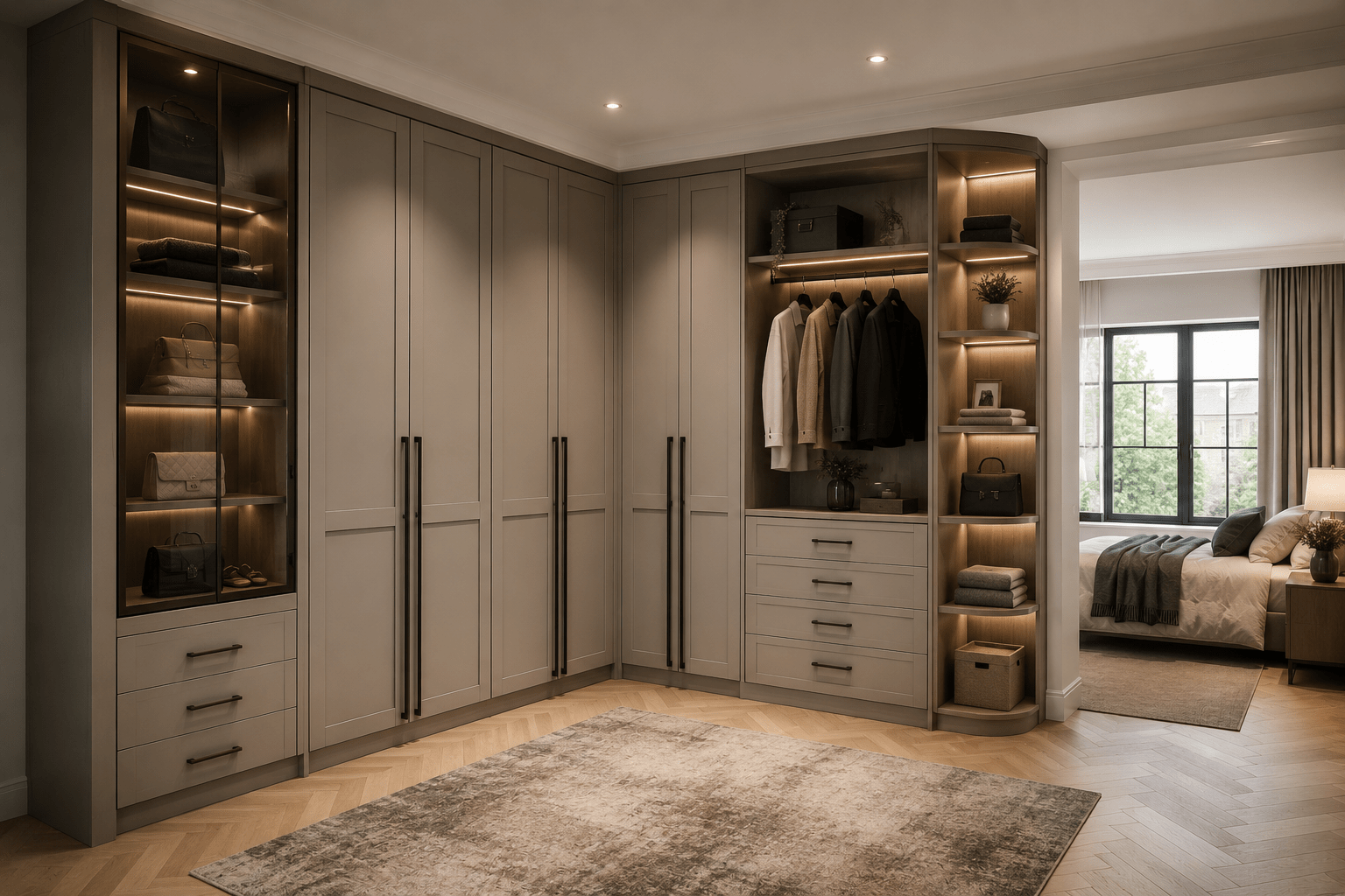 Modern bespoke fitted wardrobes designed to maximise bedroom storage space
