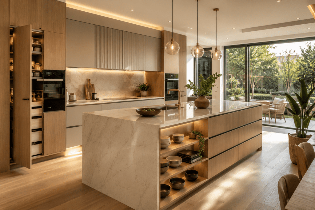 Modern bespoke kitchen with elegant cabinetry, spacious layout and premium finishes in a contemporary UK home.