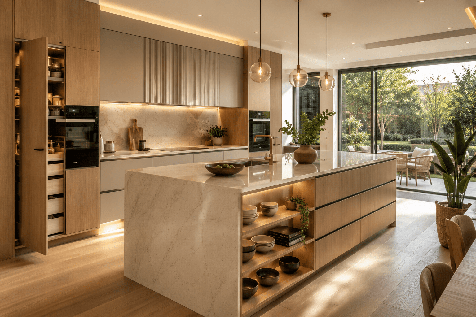Modern bespoke kitchen with elegant cabinetry, spacious layout and premium finishes in a contemporary UK home.