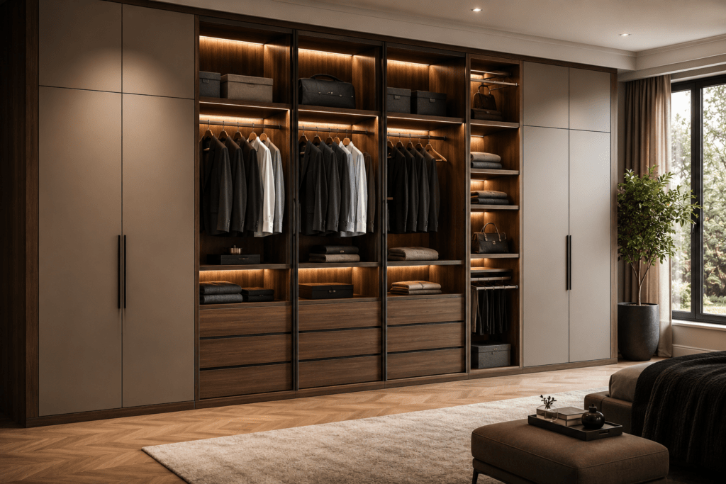 Modern bedroom featuring bespoke wardrobes with elegant storage design