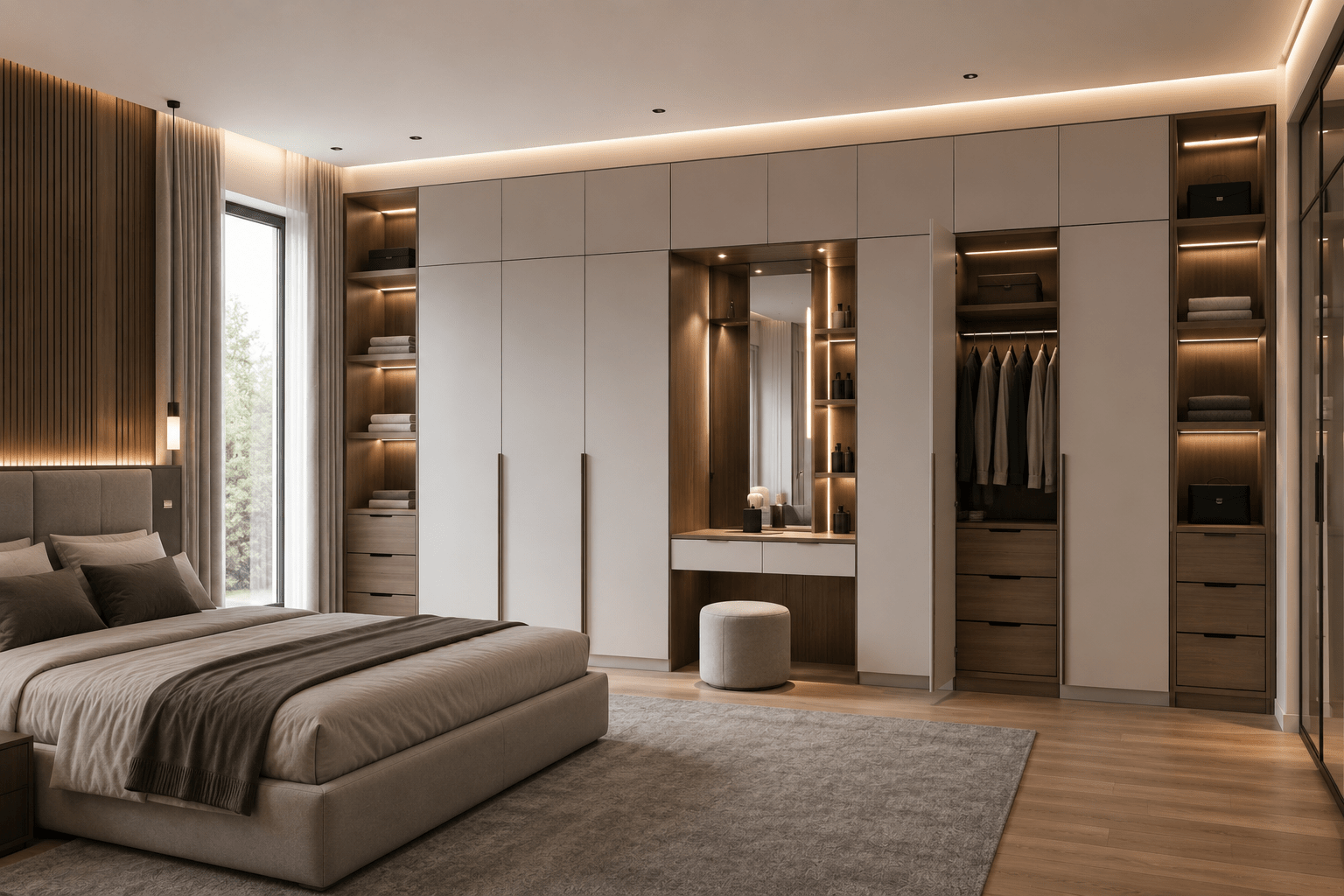Modern fitted bedroom furniture with floor to ceiling wardrobes maximising storage and space in a stylish UK bedroom.