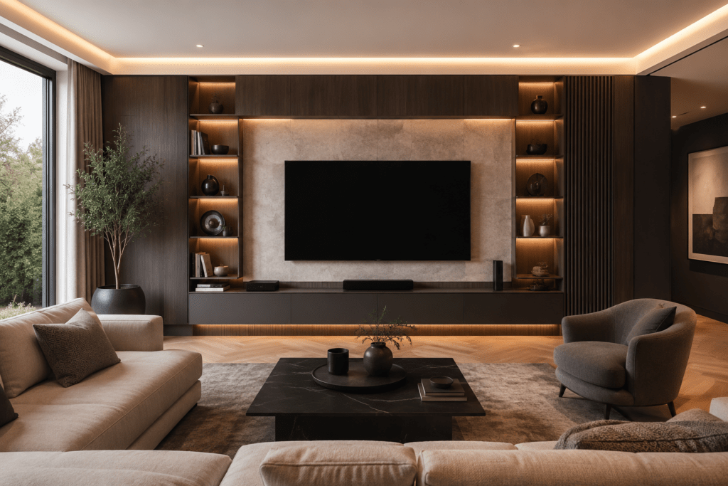 Modern fitted media wall design matching a stylish home interior