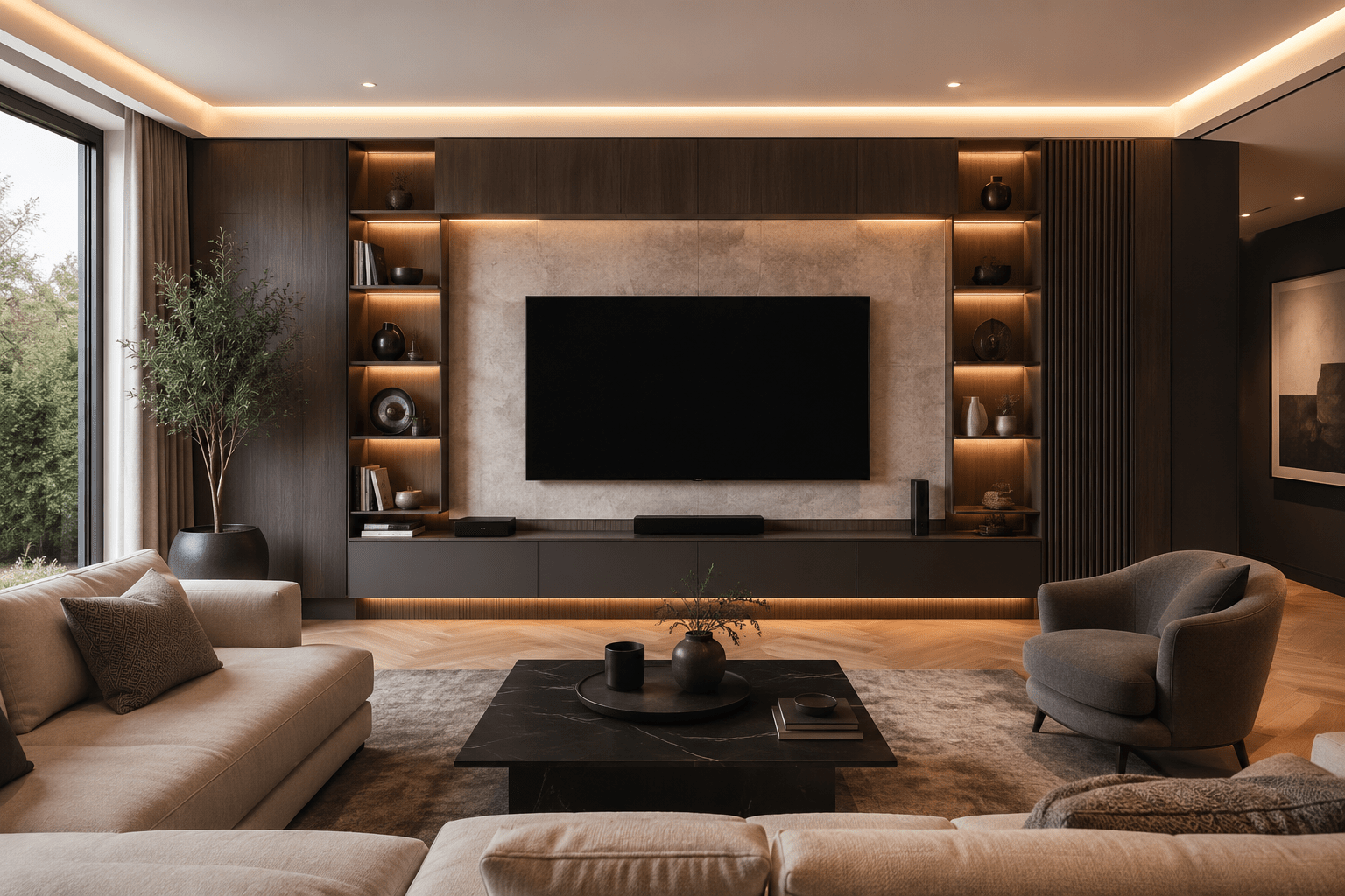 Modern fitted media wall design matching a stylish home interior