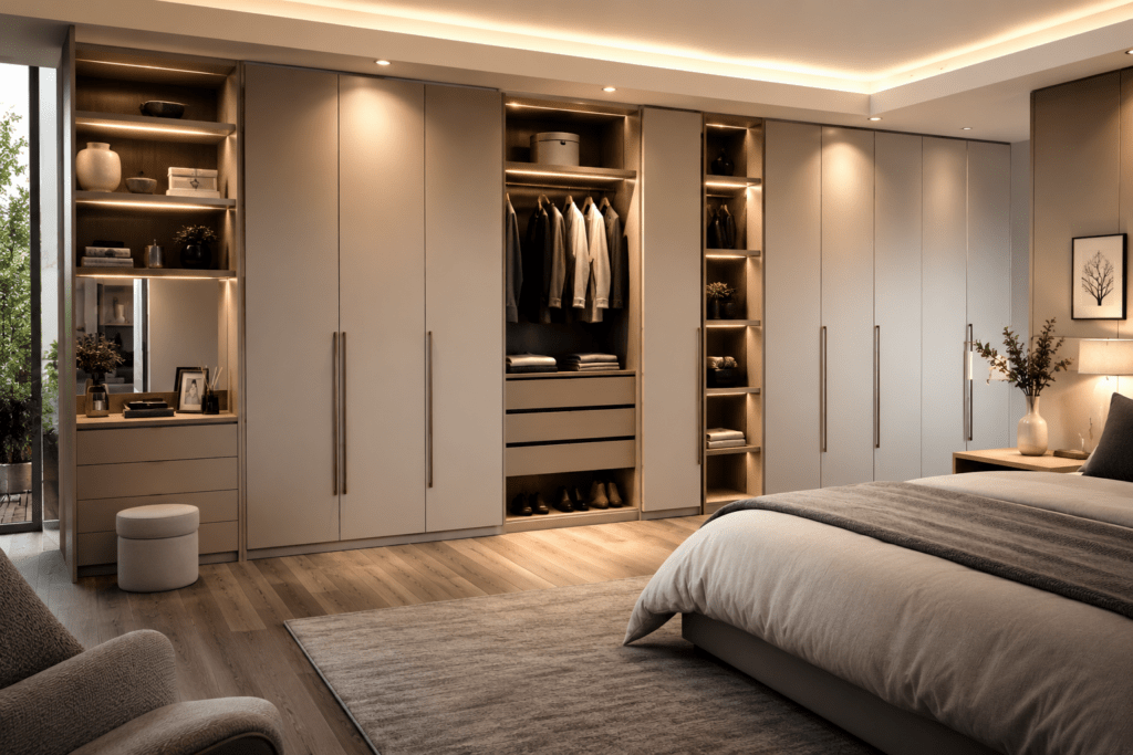 Modern fitted wardrobes creating organised bedroom storage in a UK home