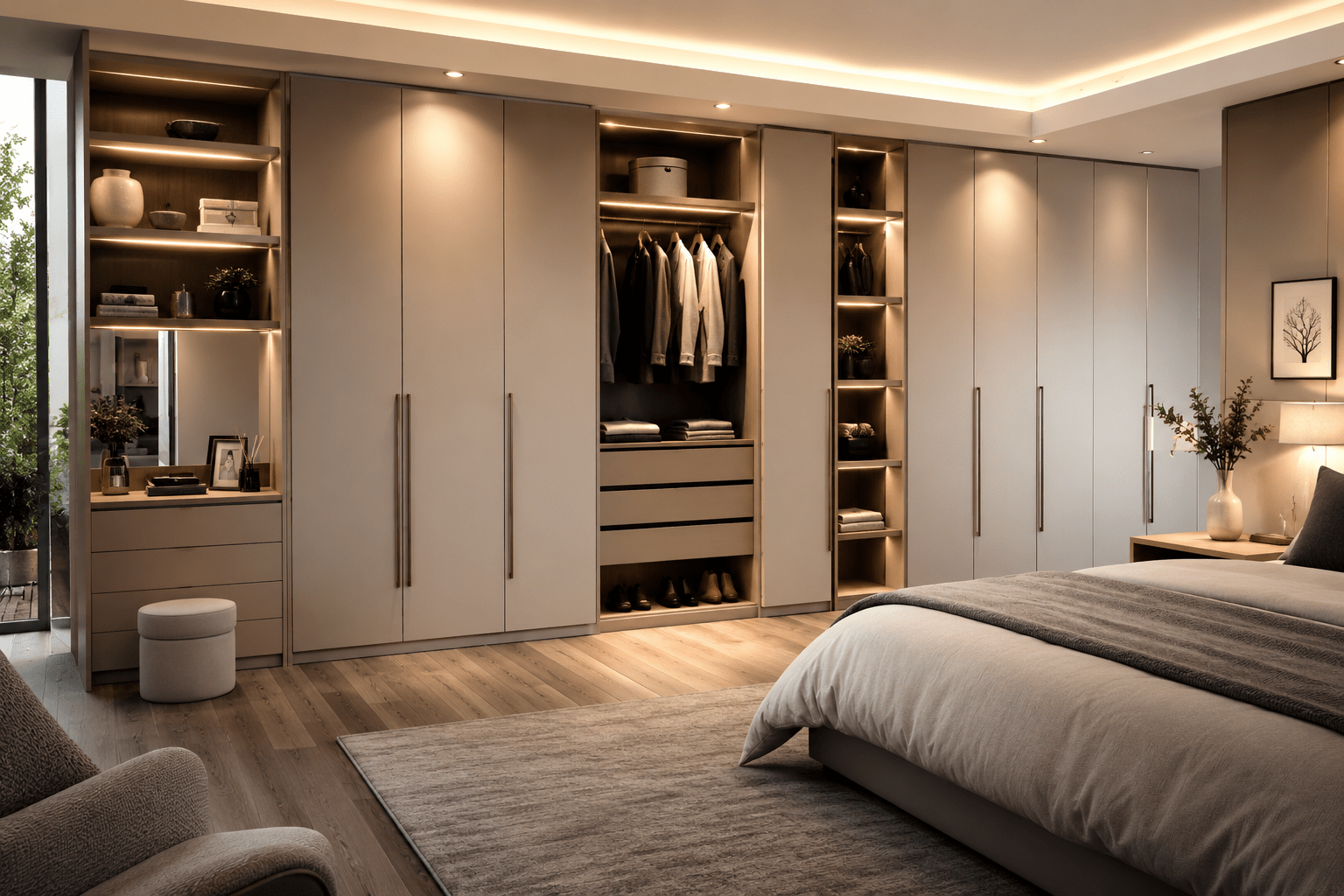 Modern fitted wardrobes creating organised bedroom storage in a UK home