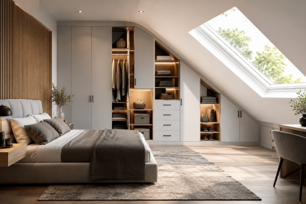 Modern loft wardrobes designed to maximise storage beneath sloping ceilings in a contemporary loft bedroom.
