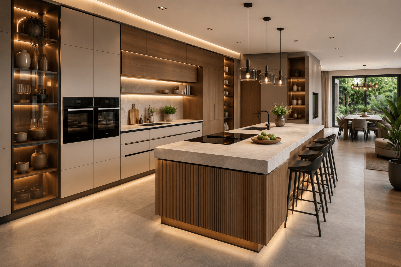 Modern fitted kitchen in an open plan home with integrated storage and spacious layout