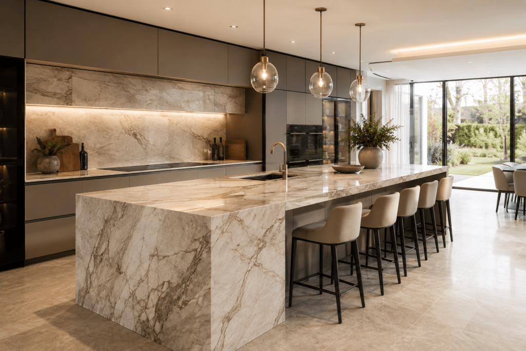 Elegant kitchen interior featuring premium Stone Worktops with a timeless design and luxury finish