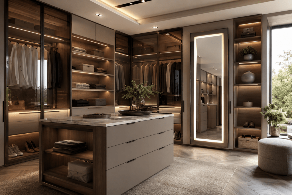 Modern walk in wardrobe with custom storage, shelves, drawers and elegant finishes in a contemporary UK home.